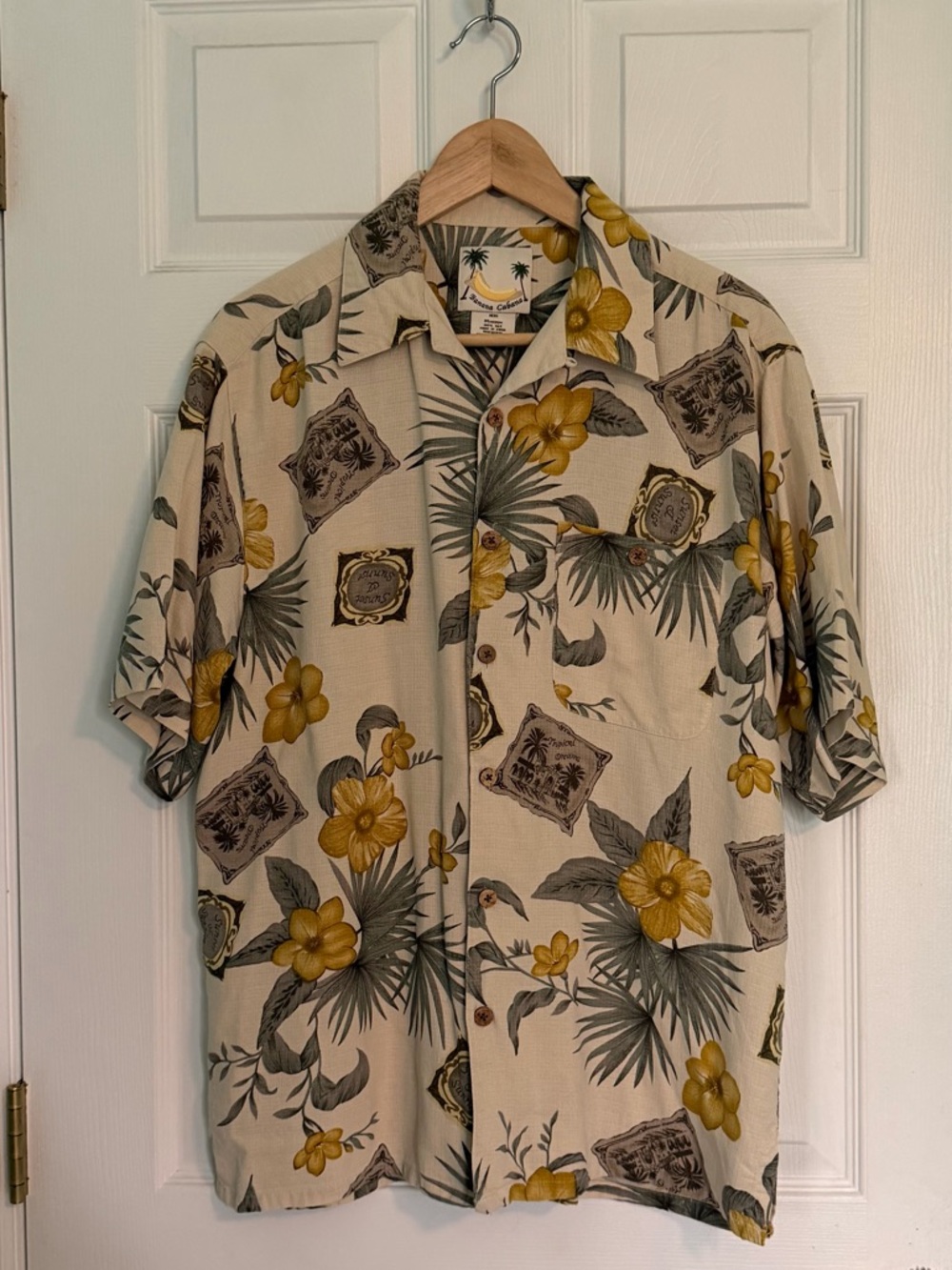 Banana Cabana Hawaiian Men's Beige Silk Linen Short-Sleeve Camp Shirt VGUC